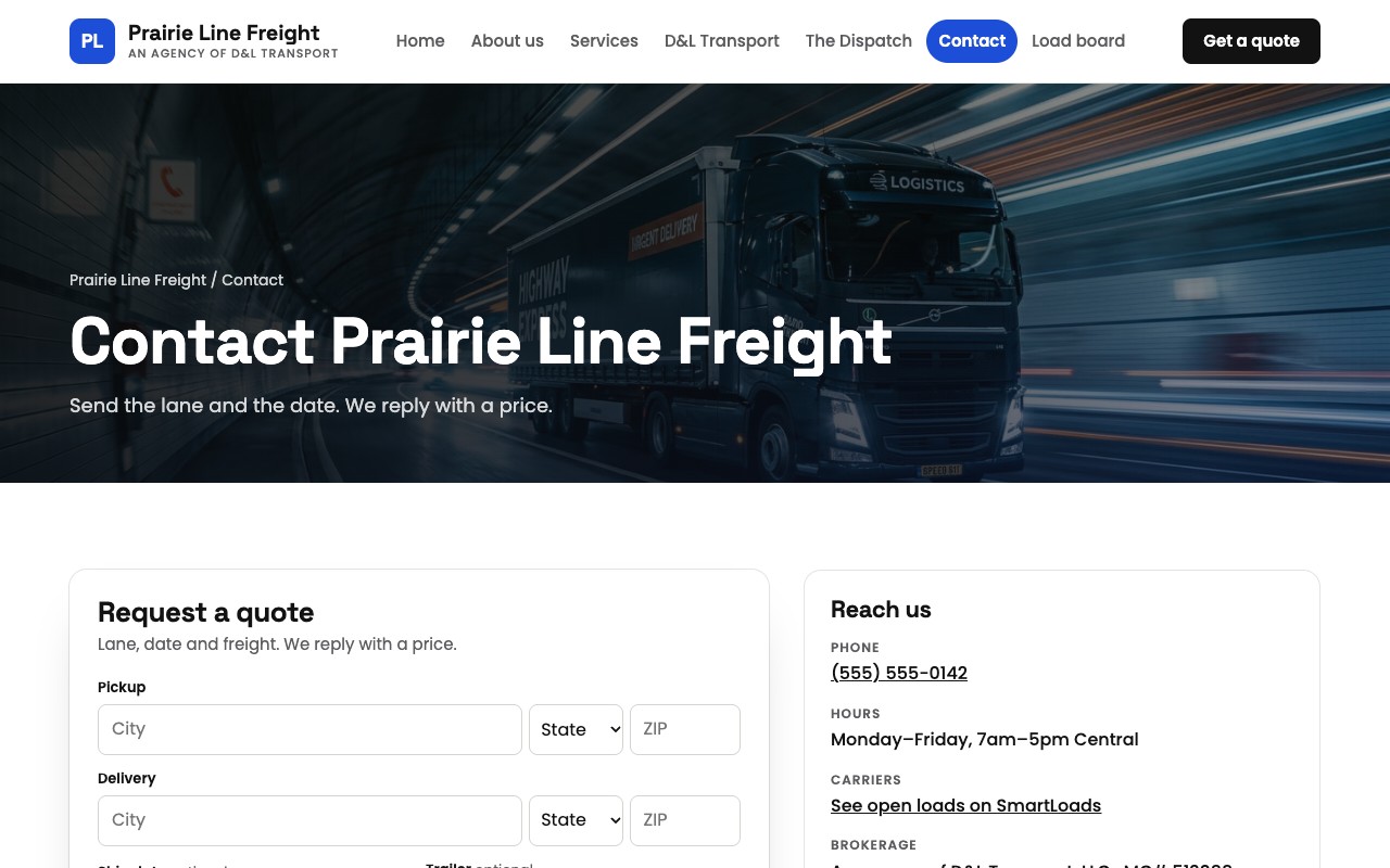 An agency website's contact page with a Request a quote form: pickup and delivery city or ZIP, ship date, trailer, weight and the shipper's contact details.
