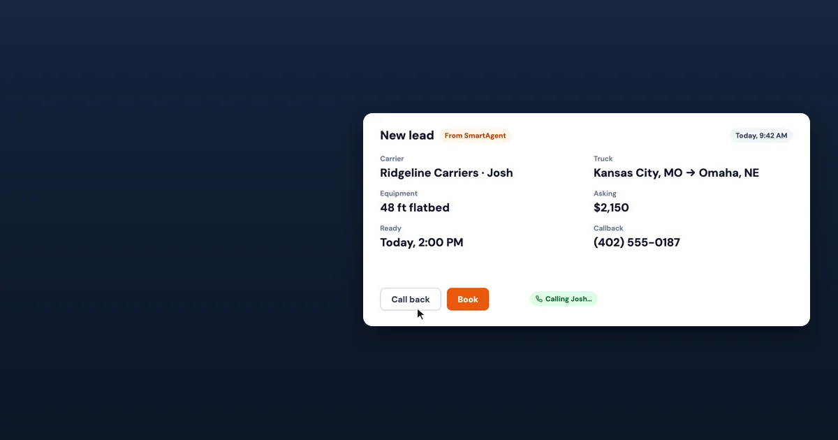 A new lead from SmartAgent with the carrier asking $2,150 on a flatbed that is ready today, and a callback is starting
