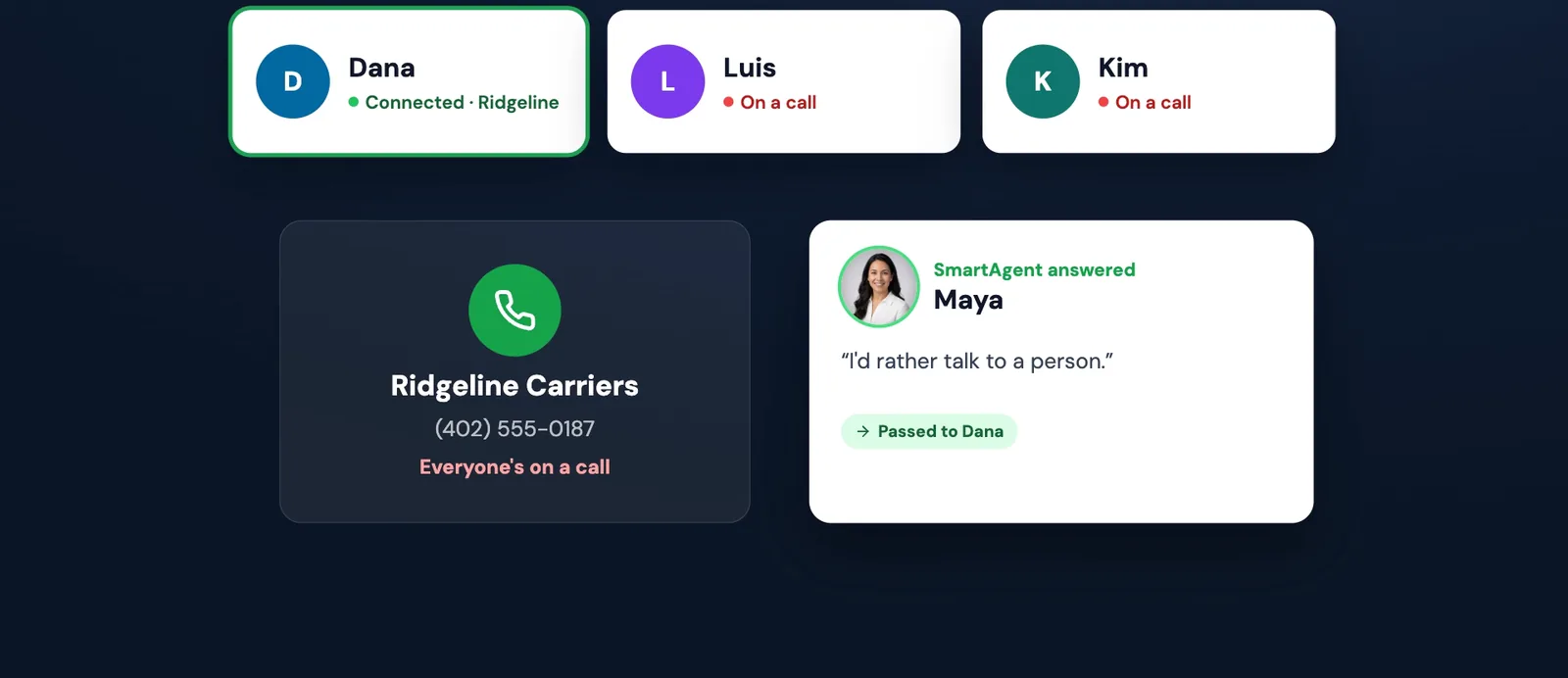 Dana's card shows she is connected to the carrier, Ridgeline