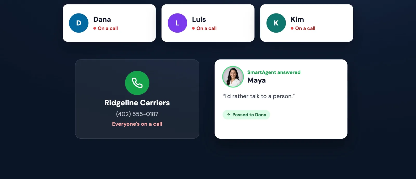 SmartAgent answered; the carrier said they'd rather talk to a person, and the call was passed to Dana