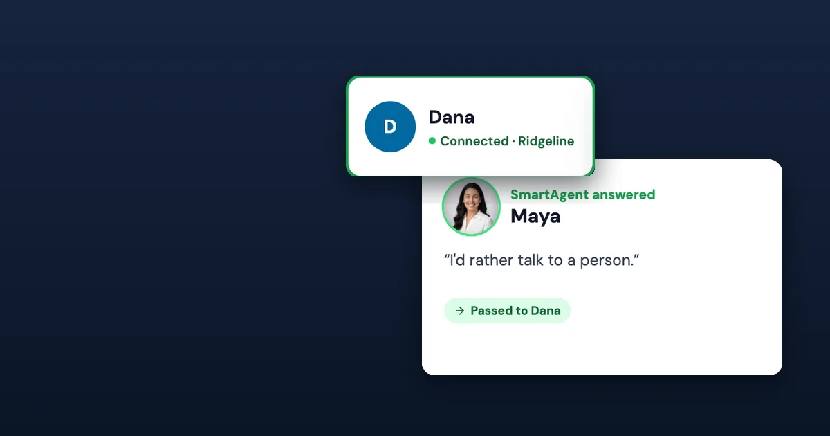 A phone agent card showing a carrier asked for a person and was passed to Dana, who is now connected