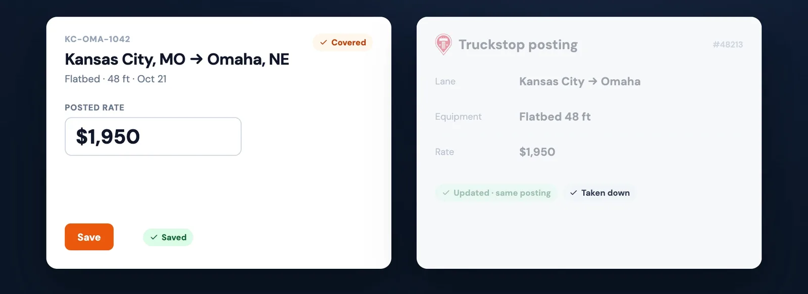The load is marked covered, and its Truckstop posting is greyed out and taken down