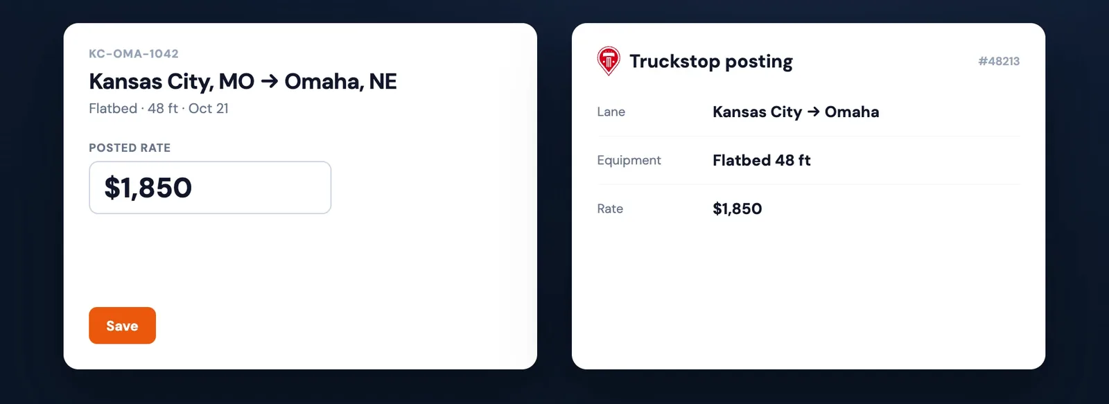 A load and its Truckstop posting, both showing a posted rate of $1,850