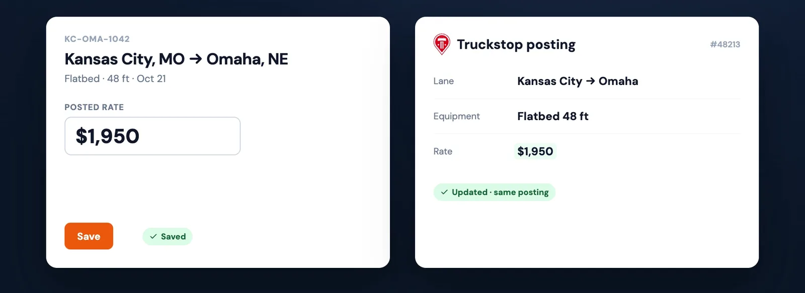 After Save, the load and its Truckstop posting both show $1,950, marked updated, same posting