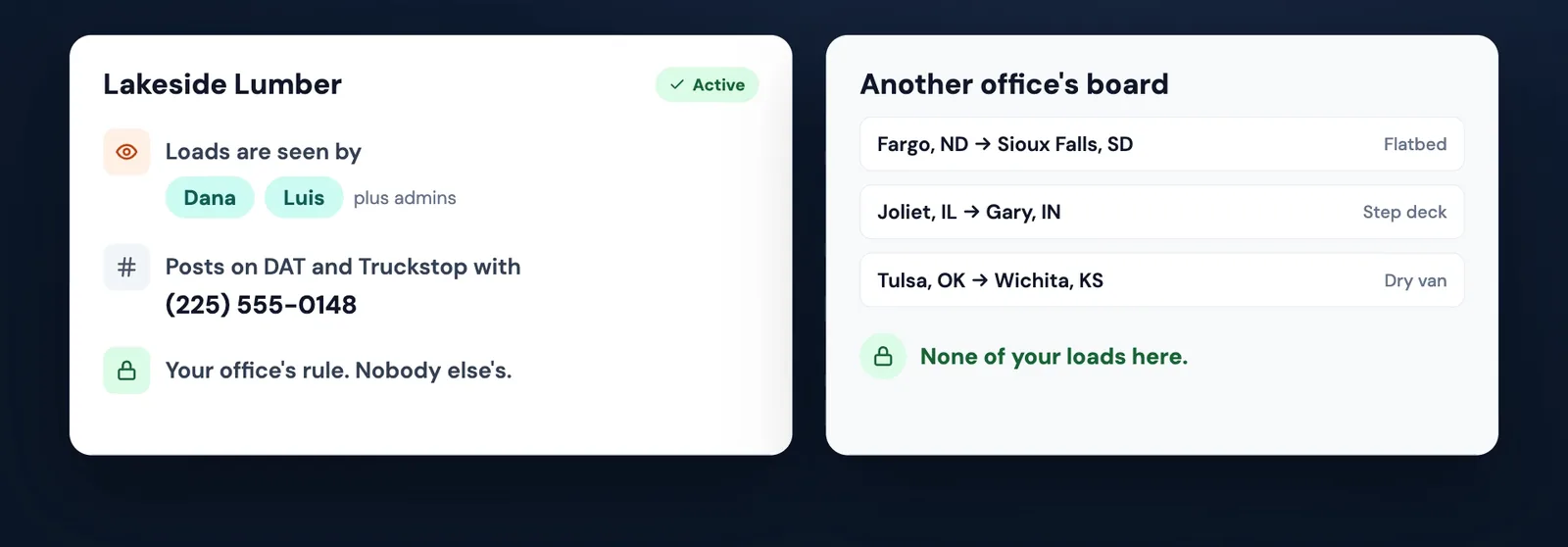 Another office's board shows its own loads and none of this customer's