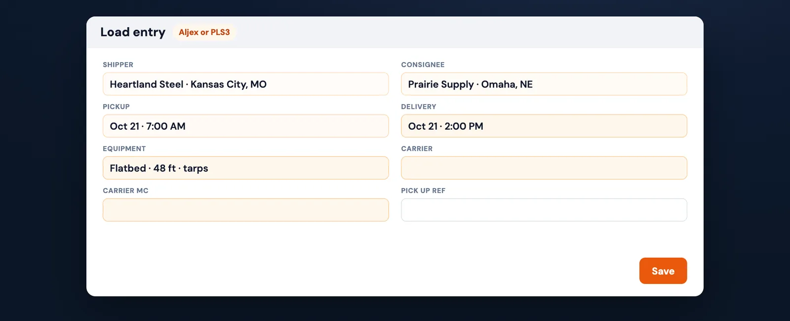 A load entry form filling in with a shipper, consignee and dates