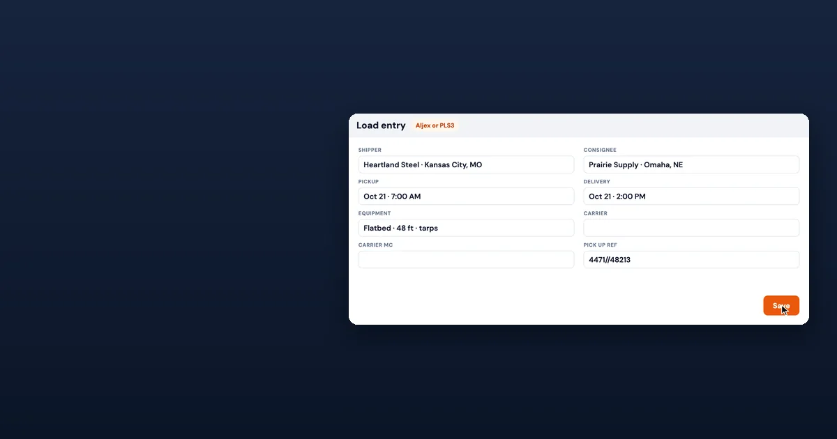 A load entry form filled with shipper, consignee, dates, equipment and a pickup reference, as Save is clicked