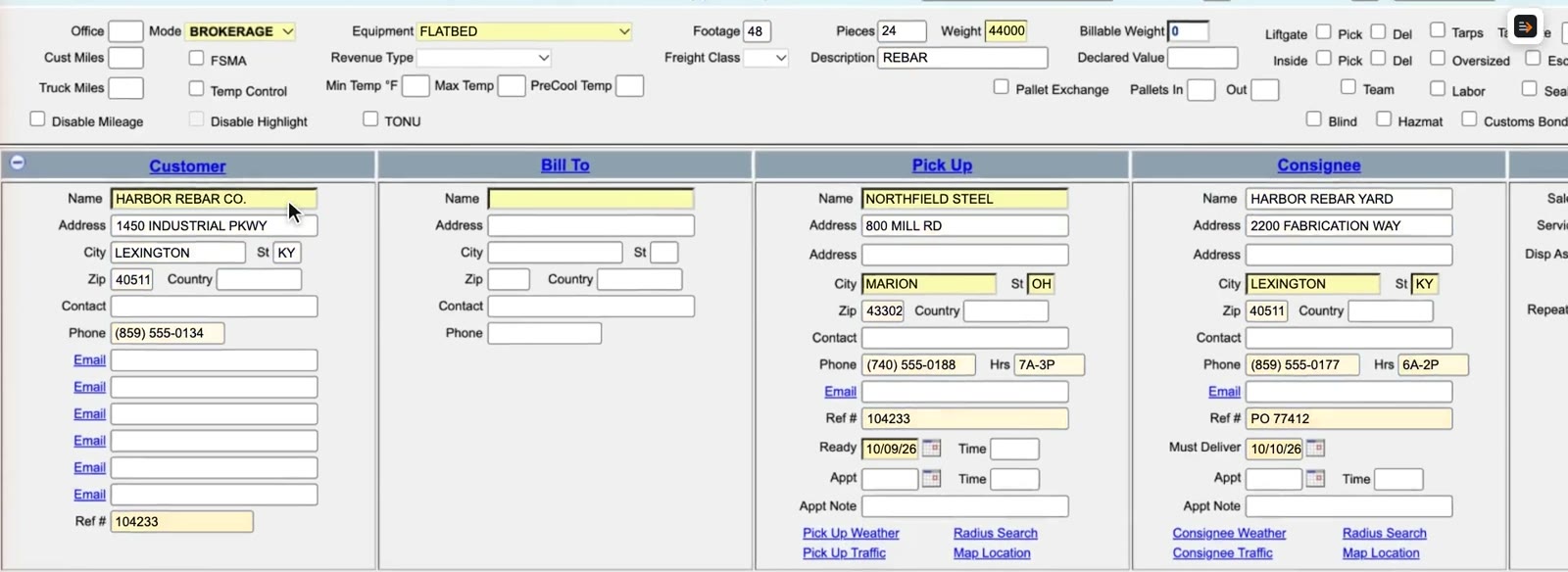 Aljex Add Shipment with the customer, pickup and consignee sections filled in: names, addresses, cities, phone numbers, reference numbers and dates.