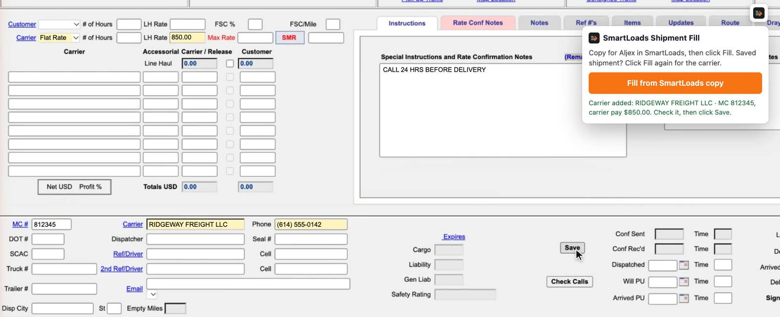 The Aljex shipment after Save, with the carrier's MC number, name, phone and a flat-rate carrier pay filled in, and the SmartLoads Shipment Fill extension confirming the carrier was added.